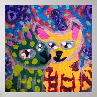 zwei farbenfrohe Katzen küssen sich vor Blumen Poster