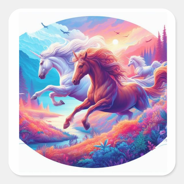 Zwei farbige Unicorn Quadratischer Aufkleber (Vorderseite)