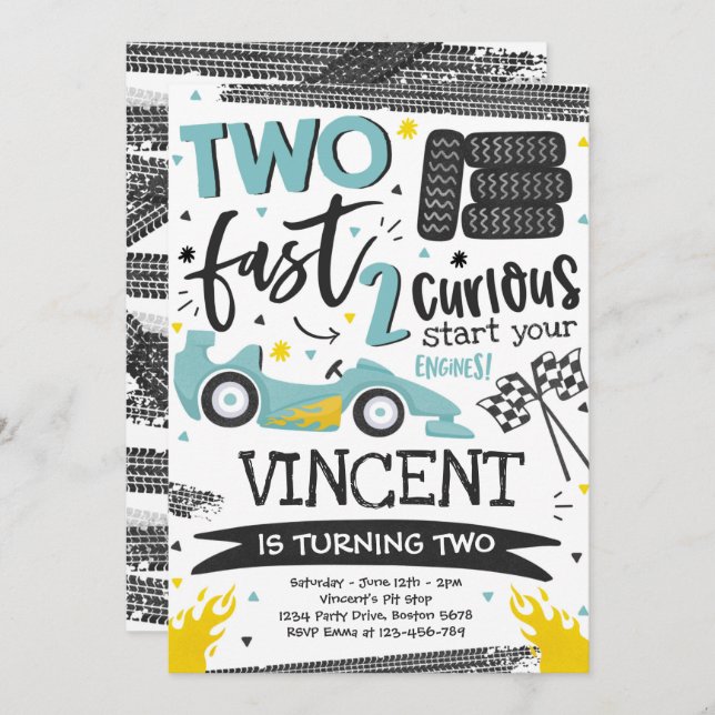 Zwei Fast Birthday Party Blue Race Auto 2. Geburts Einladung (Vorne/Hinten)