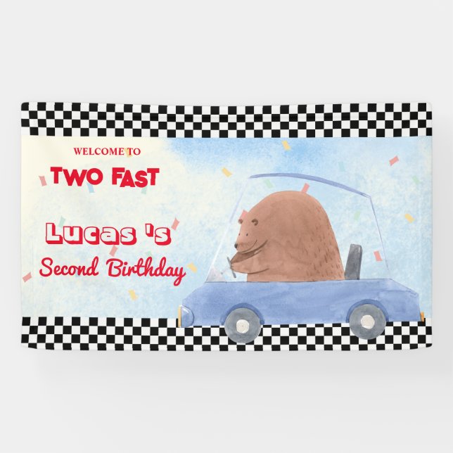 Zwei Fast Blue Bär Race Car 2. HBD Party Banner (Horizontal)