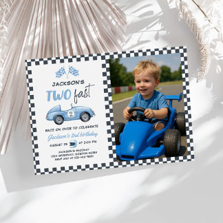 Zwei Fast Blue Race Car 2. Geburtstag Foto Einladung