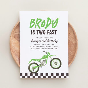 Zwei Fast Green Dirt Bike Boy 2. Geburtstag Einladung