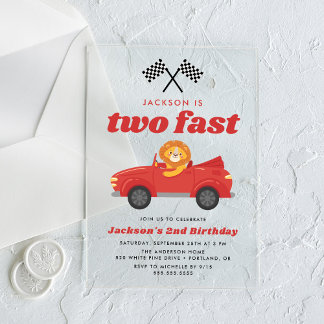 Zwei Fast Lion Red Race Car Boy 2. Geburtstag Acryleinladungen
