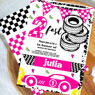 Zwei Fast Race Car Girls 2. Geburtstag Party pink Einladung