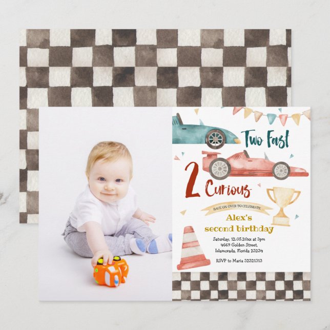 Zwei fast zwei neugierige Einladung mit Foto (Vorne/Hinten)