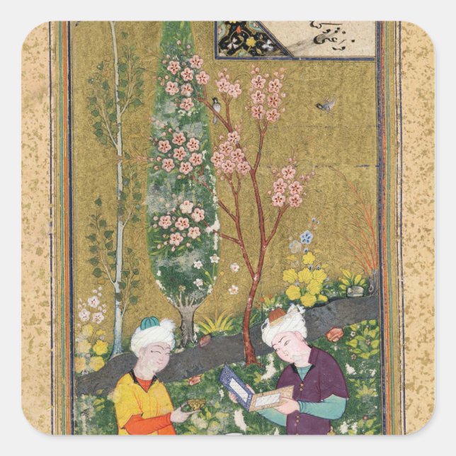 Zwei Figuren lesen und entspannen in einem Obstgar Quadratischer Aufkleber (Vorderseite)