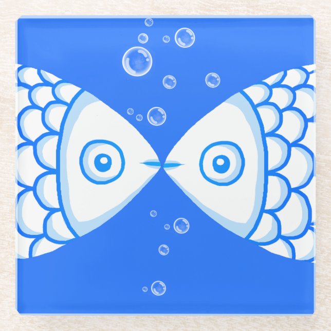 Zwei Fische blaues Abstraktes Muster Glasuntersetzer (Vorderseite)