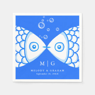 Zwei Fische küssen Blau & Weiß Muster Hochzeit Serviette