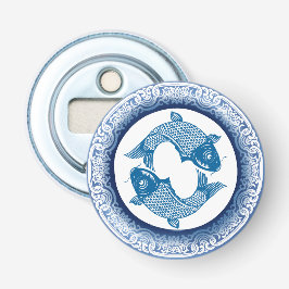 Zwei Fischfische Koi Carp Chinoiserie Blaues Muste Flaschenöffner