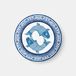 Zwei Fischfische Koi Carp Chinoiserie Blaues Muste Magnet