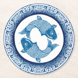 Zwei Fischfische Koi Carp Chinoiserie Blaues Muste Runder Pappuntersetzer