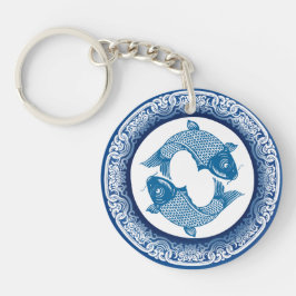 Zwei Fischfische Koi Carp Chinoiserie Blaues Muste Schlüsselanhänger
