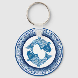 Zwei Fischfische Koi Carp Chinoiserie Blaues Muste Schlüsselanhänger