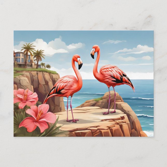 Zwei Flamingos auf einer Klippe Postkarte (Vorderseite)