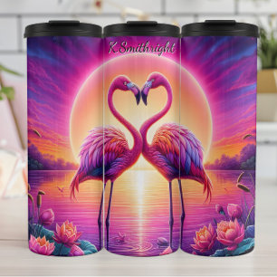 Zwei Flamingos Herz Sunset Lake Thermosbecher