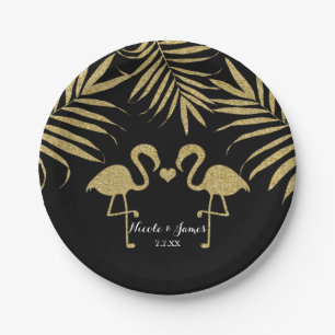 Zwei Flamingos Liebe Black & Gold Hochzeitsfeier Pappteller