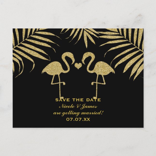Zwei Flamingos Liebe Black & Gold Save the Date Ca Ankündigungspostkarte (Vorderseite)
