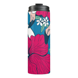Zwei Flamingos unter Hibiskus und Plumeria Blume  Thermosbecher