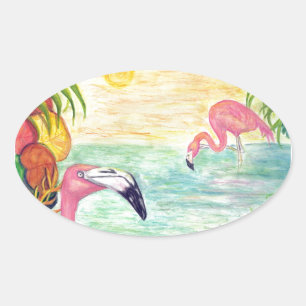 Zwei Florida Flamingos Wasserfarben Kunst und Kult Ovaler Aufkleber