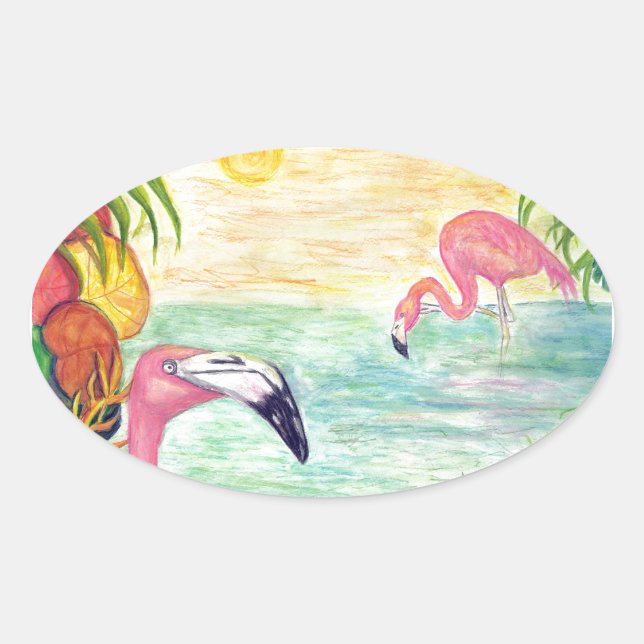 Zwei Florida Flamingos Wasserfarben Kunst und Kult Ovaler Aufkleber (Vorderseite)