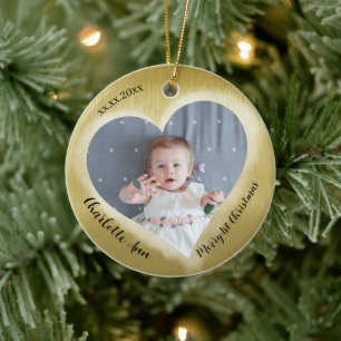Zwei Foto Baby Erstes Weihnachten Datum Herz  Keramik Ornament