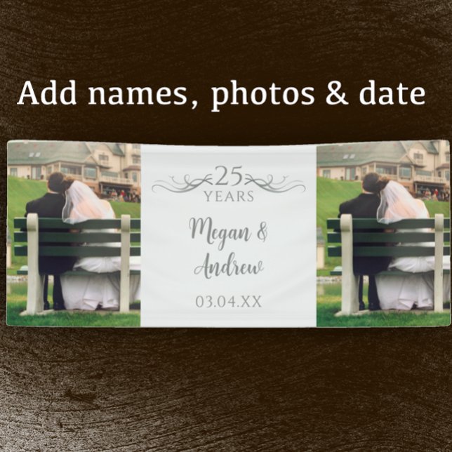 Zwei Foto benutzerdefiniertes Skript 25. Hochzeits Banner (Customize this banner template by adding couple’s names two photos and 25th wedding anniversary date)