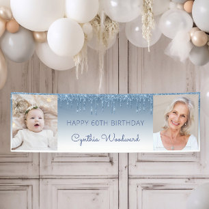 Zwei Foto Blau tropfender Glitter 60. Geburtstag Banner
