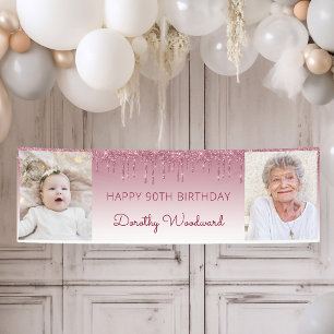 Zwei Foto Burgunder tropfender Glitter 90. Geburts Banner