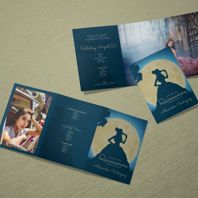 Zwei Foto Charro Silhouette mit Moon Quinceanera Dreifach Gefaltete Einladung (Von Creator hochgeladen)