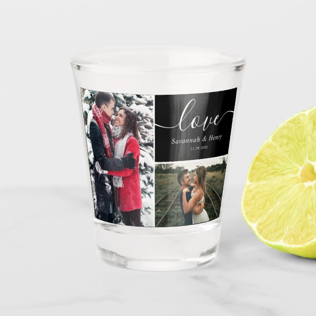 Zwei Foto Collage Black Liebe Script Schnapsglas (Vorderseite)