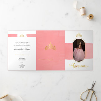 Zwei Foto Gold und Rose Rosa Quinceanera Dreifach Gefaltete Einladung