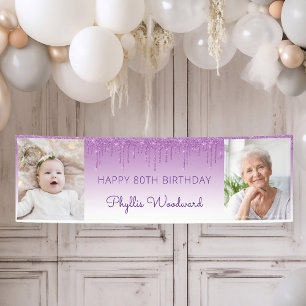 Zwei Foto Lila tropfender Glitter 80. Geburtstag Banner