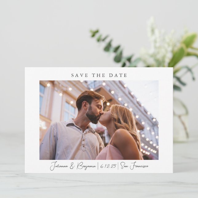 Zwei Foto Minimalistisch Moderne Skripte Hochzeit  Save The Date (Stehend Vorderseite)