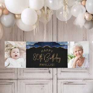 Zwei Foto Navy Blau Gold Achat 80. Geburtstag Banner