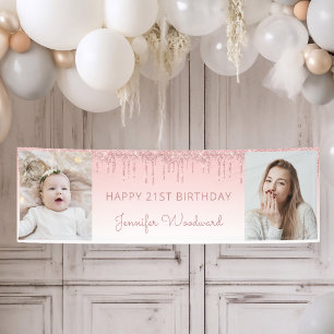 Zwei Foto Pink Glitter-Tropfen 21. Geburtstag Banner