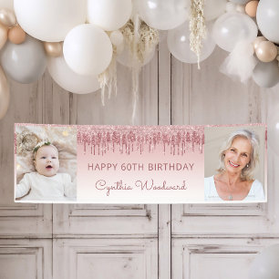 Zwei Foto Pink Rose tropfender Glitter 60. Geburts Banner