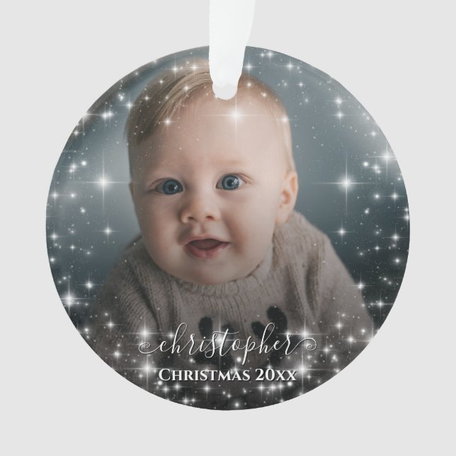Zwei Foto Sparkle Rahmen mit Namen Weihnachten Ornament (Vorderseite)
