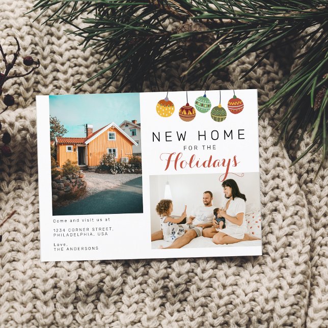 Zwei Foto Weihnachtsbälle der Familie Neue Zuhause Ankündigungspostkarte (Von Creator hochgeladen)