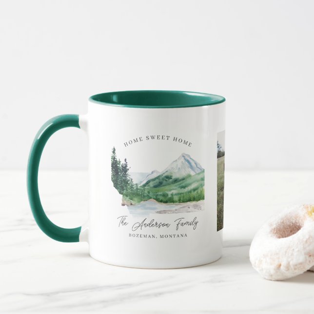 Zwei FotoCollage | Familienname Monogram Montana Tasse (Mit Donut)