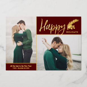 Zwei Fotos Elegante Happy Holidays Burgund Folien Feiertagskarte