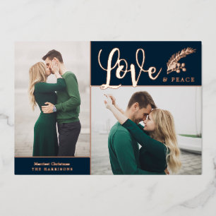 Zwei Fotos Elegante Liebe und Frieden   Navy Blue Folien Feiertagskarte