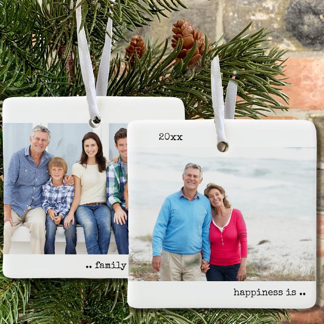 Zwei Fotos Glück ist Familienweihnachtsfest Minima Keramikornament (Happiness is family christmas .. double-sided keepsake ornament with photos on both sides)