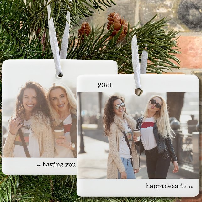 Zwei Fotos Glück ist Sie als ein Freund Minimalist Keramikornament (Happiness is having you as a friend .. add a photo to both sides of you and your bestie)