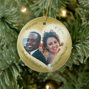 Zwei Fotos Merry & Married Datum Herz Keramik Ornament