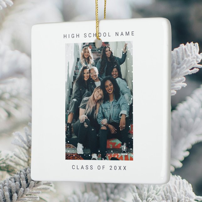 Zwei Fotos Minimalistische Schneefall-Schule Uni Keramikornament (custom christmas photo ceramic ornament)