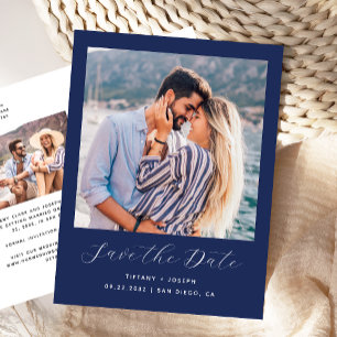 Zwei Fotos Minimalistisches Navy Blue Save the Dat Postkarte