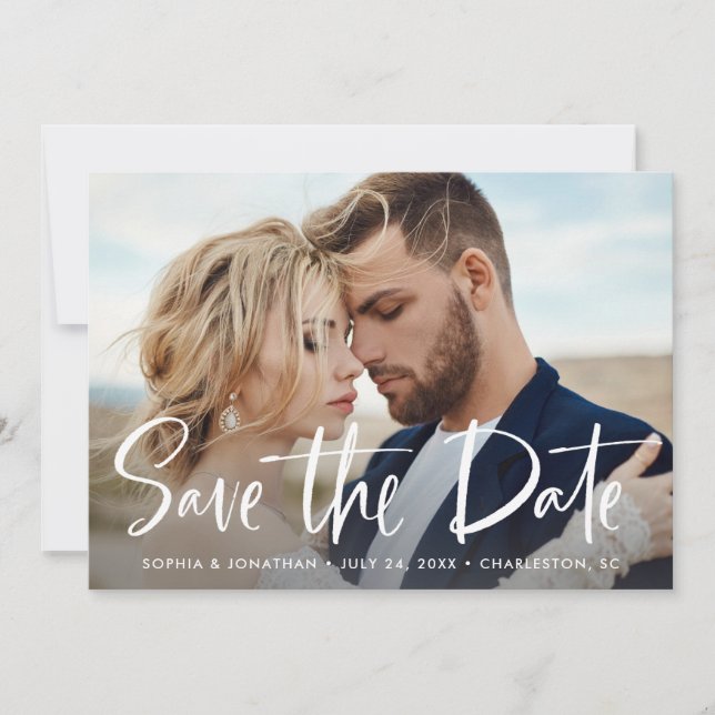 Zwei Fotos mit modernem Schriftzug Save The Date (Vorderseite)