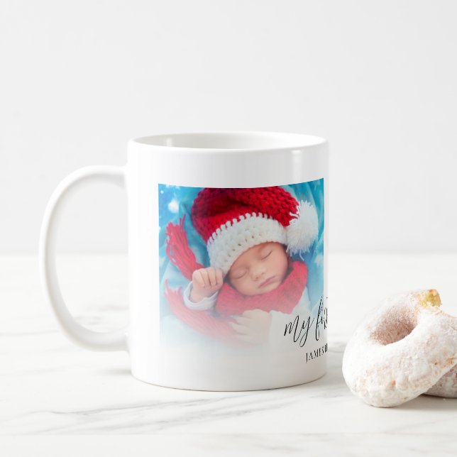 Zwei Fotos New Baby First Christmas Name Kaffeetasse (Mit Donut)
