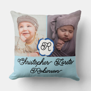 Zwei Fotos & Vollständiger Name & Monogram Baby Kissen