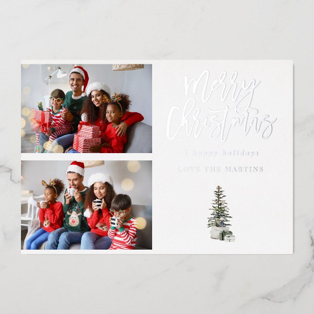 Zwei Fotos Weihnachtsbaum Moderne Folieneinladung (Vorderseite)
